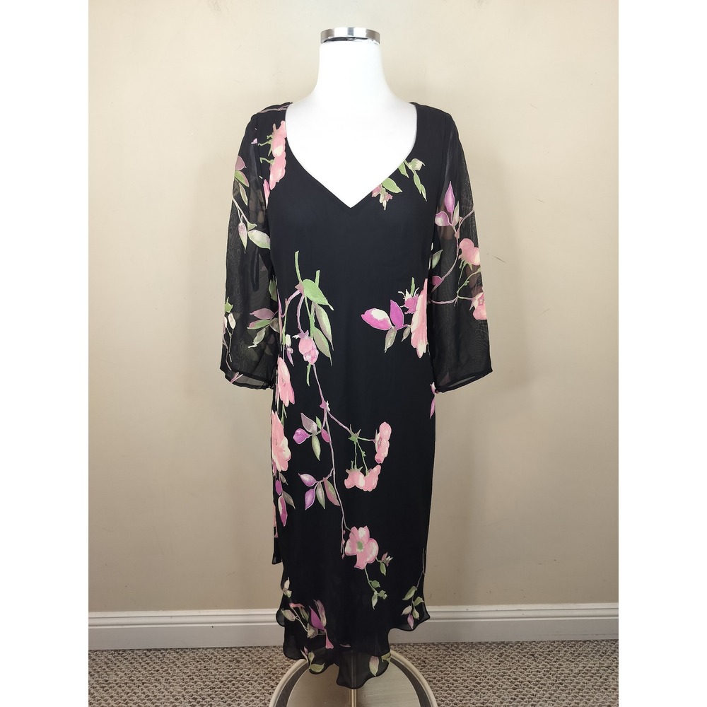Evan Picone Floral Midi Dress 12 Ruffled Asymmetric Hem Sheer Sleeve Black Pink